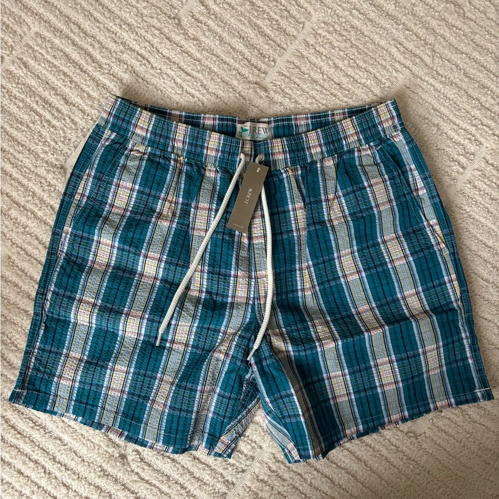 J. Crew Men's Teal and White Plaid Swim Trunks
